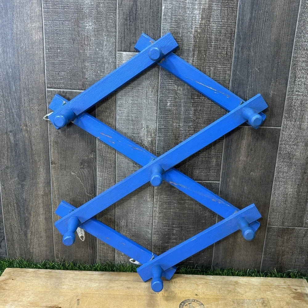 Vintage Blue Wooden Accordion Wall Rack Expandable Peg Coat Hat Decor Rustic